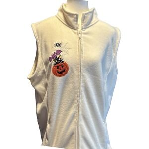 Halloween Fleece Vest‎ XXL 1X  White Embroidered Pumpkin Bat Spider Zip Pockets